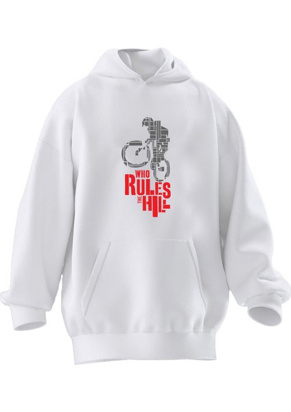 Unisex Premium Pamuk Beyaz Who Rules Motor Baskılı 3 Iplik Kapüşonlu Sweatshirt