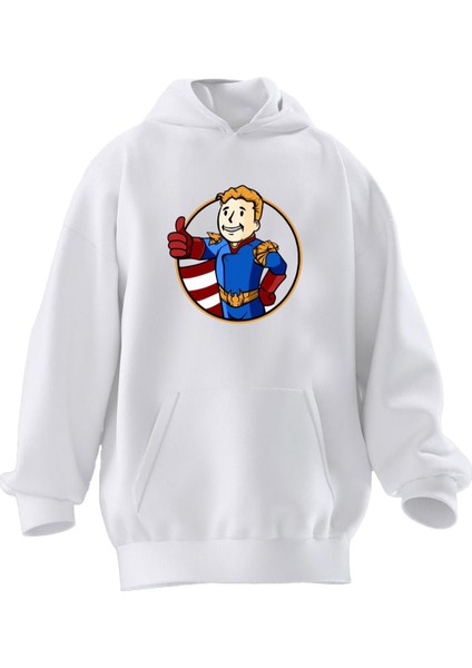 Unisex Premium Pamuk Beyaz Küçük Süperman Baskılı 3 Iplik Kapüşonlu Sweatshirt