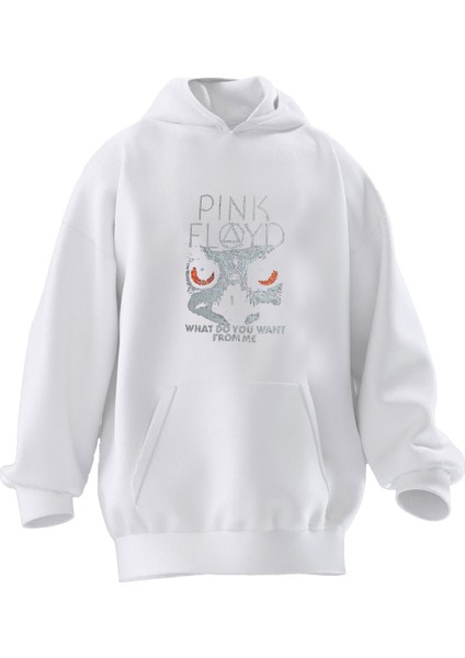 Unisex Premium Pamuk Beyaz Pink Floyd Silik Baskılı 3 Iplik Kapüşonlu Sweatshirt