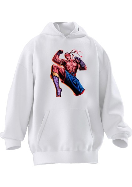 Unisex Premium Pamuk Beyaz Gözler Bağlı Dövüşçü Baskılı 3 Iplik Kapüşonlu Sweatshirt