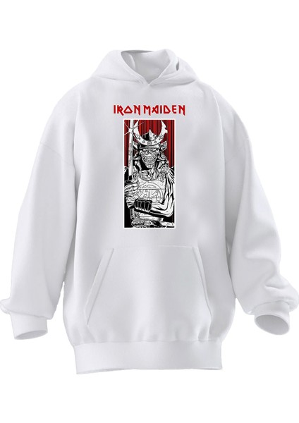 Unisex Premium Pamuk Beyaz Iran Maiden Samuray Poster Baskılı 3 Iplik Kapüşonlu Sweatshirt