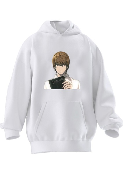 Unisex Premium Pamuk Beyaz Death Note Baskılı 3 Iplik Kapüşonlu Sweatshirt