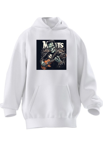 Unisex Premium Pamuk Beyaz Mofits Baskılı 3 Iplik Kapüşonlu Sweatshirt