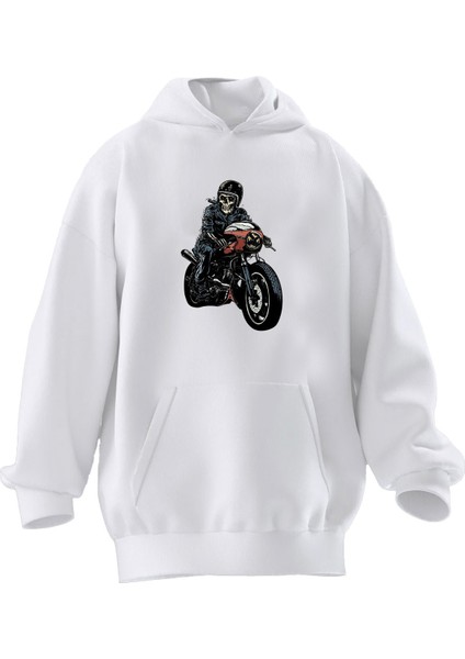 Unisex Premium Pamuk Beyaz Motorcu Kurukafa Baskılı 3 Iplik Kapüşonlu Sweatshirt