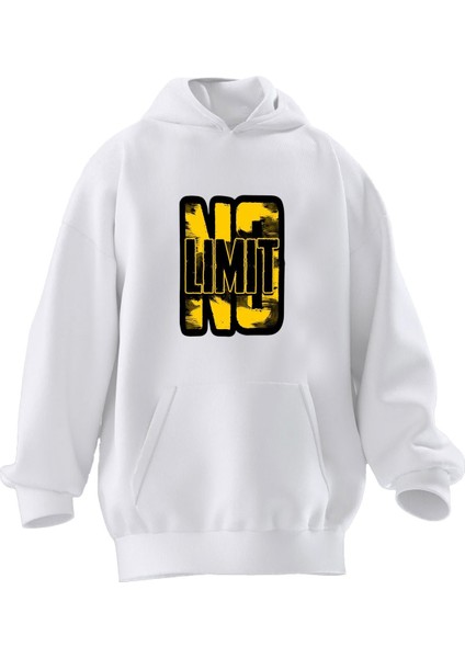 Unisex Premium Pamuk Beyaz No Limit Baskılı 3 Iplik Kapüşonlu Sweatshirt