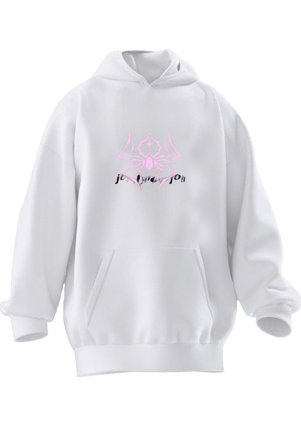 Unisex Premium Pamuk Beyaz Pembe Örümcek Baskılı 3 Iplik Kapüşonlu Sweatshirt