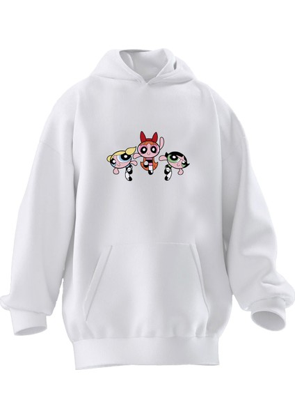 Unisex Premium Pamuk Beyaz Power Girls Baskılı 3 Iplik Kapüşonlu Sweatshirt