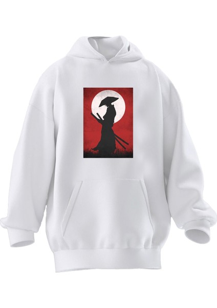 Unisex Premium Pamuk Beyaz Şapkalı Samuray Kılıç Baskılı 3 Iplik Kapüşonlu Sweatshirt