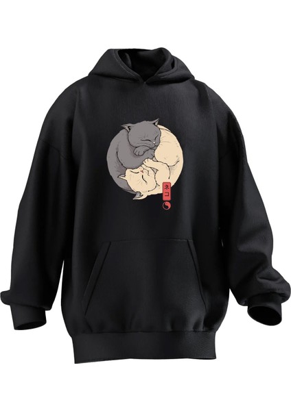 Unisex Premium Pamuk Siyah Kediler Dünya Baskılı 3 Iplik Kapüşonlu Sweatshirt