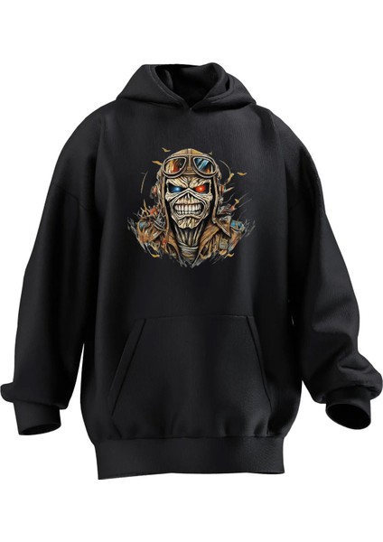 Unisex Premium Pamuk Siyah Kurukafa Pilot Baskılı 3 Iplik Kapüşonlu Sweatshirt