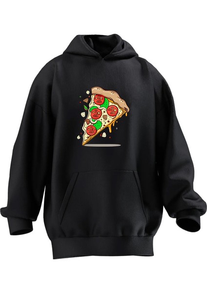 Unisex Premium Pamuk Siyah Pizza Dilim Desen Baskılı 3 Iplik Kapüşonlu Sweatshirt