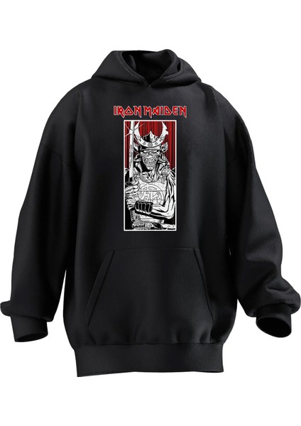 Unisex Premium Pamuk Siyah Iran Maiden Samuray Poster Baskılı 3 Iplik Kapüşonlu Sweatshirt