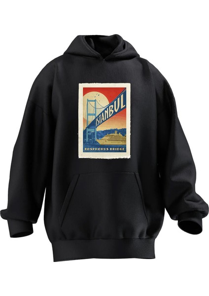 Unisex Premium Pamuk Siyah Istanbul Desen Baskılı 3 Iplik Kapüşonlu Sweatshirt
