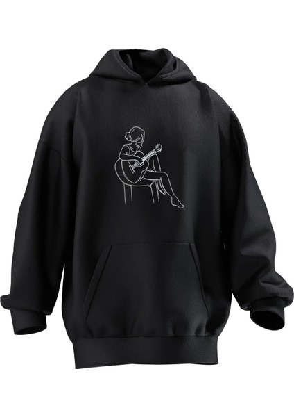 Unisex Premium Pamuk Siyah Karakalem Gitarcı Kız Baskılı 3 Iplik Kapüşonlu Sweatshirt