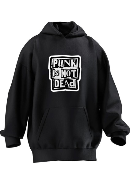 Unisex Premium Pamuk Siyah Punk Dead Baskılı 3 Iplik Kapüşonlu Sweatshirt