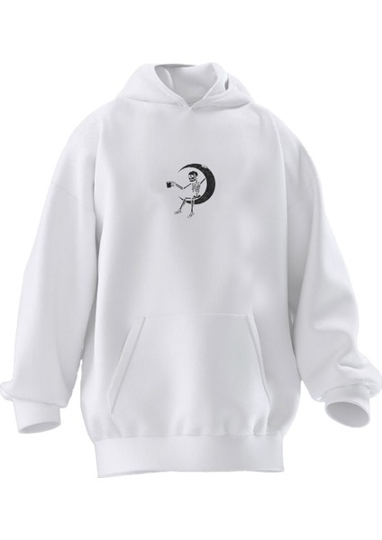 Unisex Premium Pamuk Beyaz Hilal Kurukafa Baskılı 3 Iplik Kapüşonlu Sweatshirt