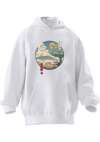Unisex Premium Pamuk Beyaz Japon Halka Desen Baskılı 3 Iplik Kapüşonlu Sweatshirt
