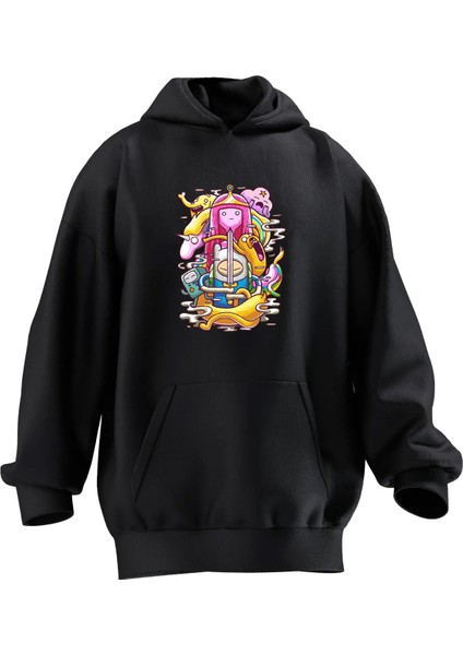 Unisex Premium Pamuk Siyah Unicornlar Desen Baskılı 3 Iplik Kapüşonlu Sweatshirt