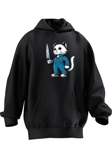 Unisex Premium Pamuk Siyah Bıçaklı Işçi Kedi Baskılı 3 Iplik Kapüşonlu Sweatshirt