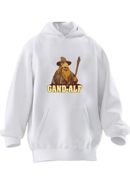 Unisex Premium Pamuk Beyaz Gandalf Poster Baskılı 3 Iplik Kapüşonlu Sweatshirt