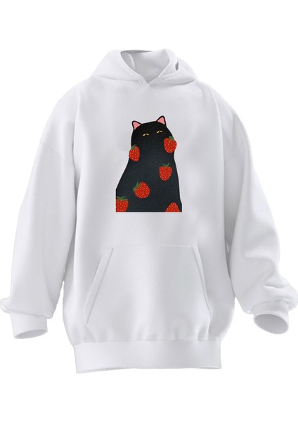 Unisex Premium Pamuk Beyaz Kedi Çilekli Baskılı 3 Iplik Kapüşonlu Sweatshirt