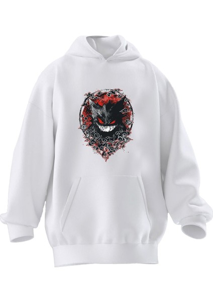 Unisex Premium Pamuk Beyaz Ginger Pokemon Baskılı 3 Iplik Kapüşonlu Sweatshirt