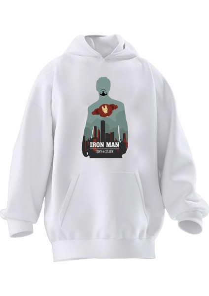 Unisex Premium Pamuk Beyaz Iron Man Tony Baskılı 3 Iplik Kapüşonlu Sweatshirt