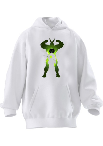 Unisex Premium Pamuk Beyaz Kaslı Yeşil Anime Baskılı 3 Iplik Kapüşonlu Sweatshirt