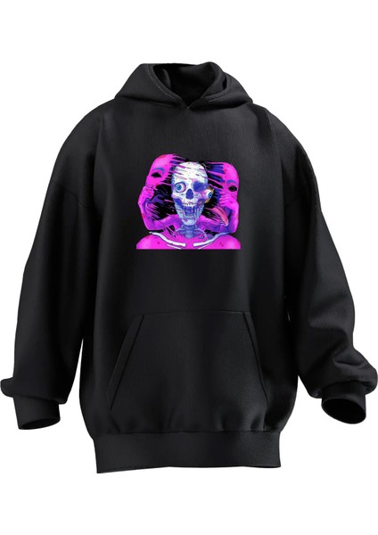 Unisex Premium Pamuk Siyah Pembe Palyaço Baskılı 3 Iplik Kapüşonlu Sweatshirt