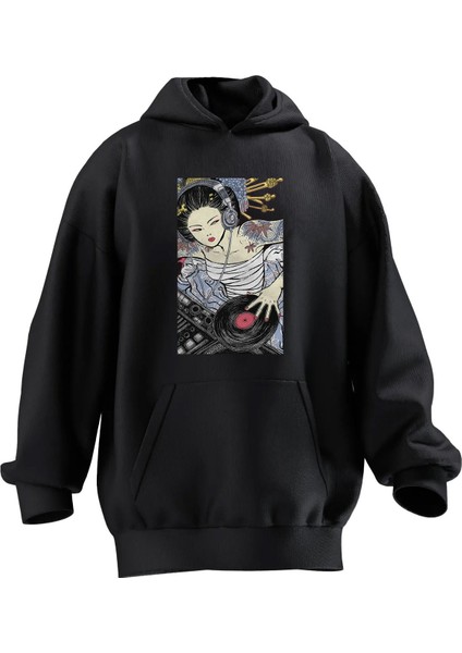 Unisex Premium Pamuk Siyah Çinli Dj Baskılı 3 Iplik Kapüşonlu Sweatshirt