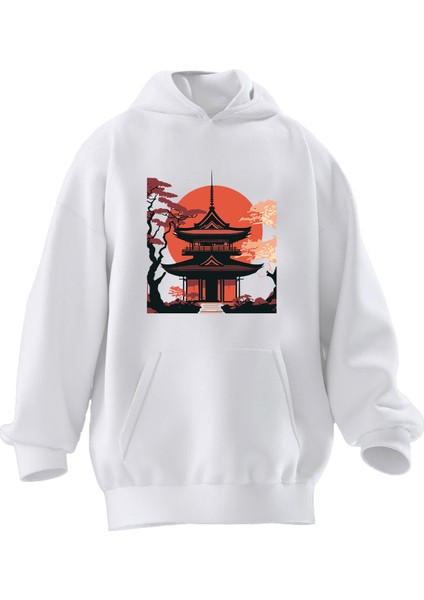 Unisex Premium Pamuk Beyaz Japonya Tokyo Ev Baskılı 3 Iplik Kapüşonlu Sweatshirt
