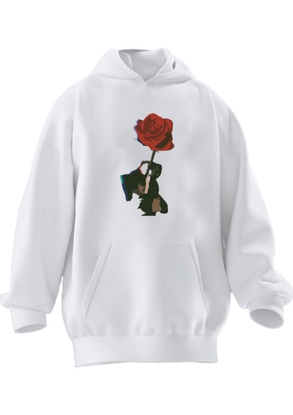 Unisex Premium Pamuk Beyaz Kırmızı Gül Resim Baskılı 3 Iplik Kapüşonlu Sweatshirt
