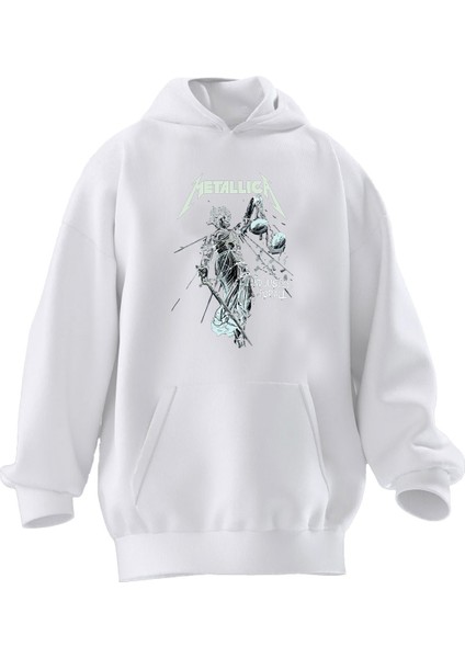 Unisex Premium Pamuk Beyaz Metallica Gölge Poster Baskılı 3 Iplik Kapüşonlu Sweatshirt