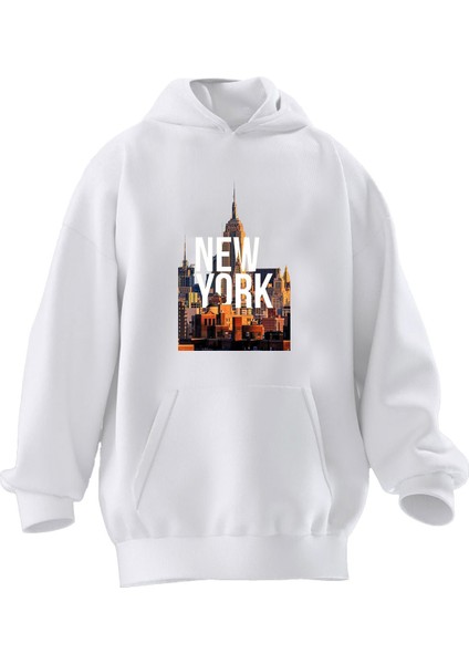 Unisex Premium Pamuk Beyaz New York Poster Baskılı 3 Iplik Kapüşonlu Sweatshirt