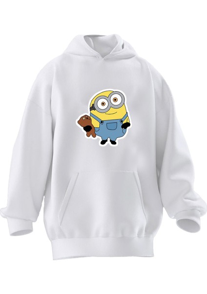 Unisex Premium Pamuk Beyaz Oyuncaklı Minyon Baskılı 3 Iplik Kapüşonlu Sweatshirt