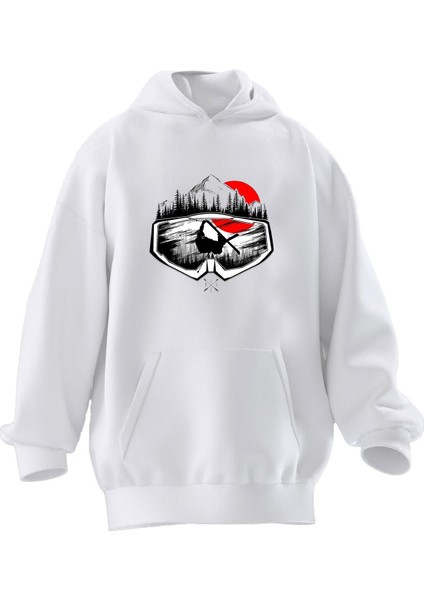 Unisex Premium Pamuk Beyaz Ski Mask Baskılı 3 Iplik Kapüşonlu Sweatshirt