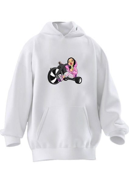 Unisex Premium Pamuk Beyaz Pembe Bisikletli Kız Baskılı 3 Iplik Kapüşonlu Sweatshirt