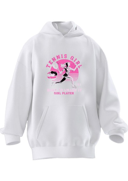 Unisex Premium Pamuk Beyaz Tennis Girl Baskılı 3 Iplik Kapüşonlu Sweatshirt