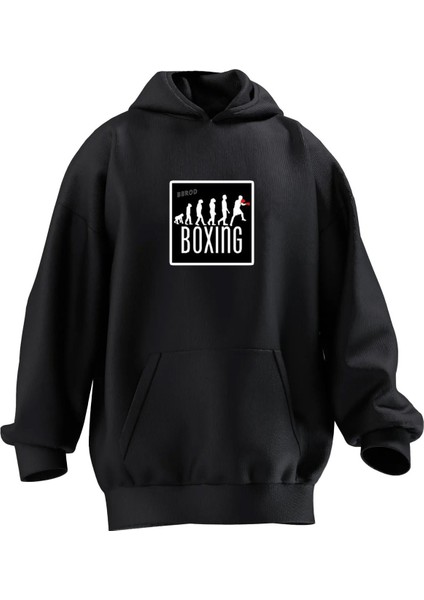 Unisex Premium Pamuk Siyah Boxing Baskılı 3 Iplik Kapüşonlu Sweatshirt