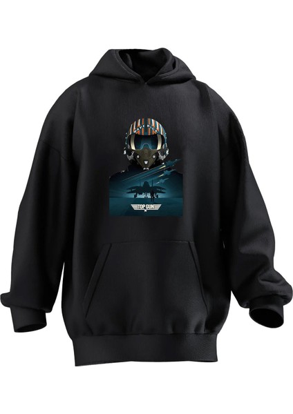 Unisex Premium Pamuk Siyah Top Gun Pilot Baskılı 3 Iplik Kapüşonlu Sweatshirt