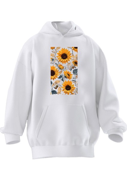 Unisex Premium Pamuk Beyaz Ayçiçeği Desen Baskılı 3 Iplik Kapüşonlu Sweatshirt