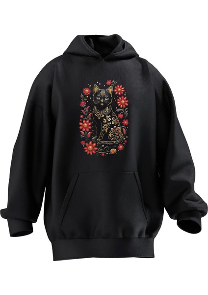Unisex Premium Pamuk Siyah Çiçekli Kedi Baskılı 3 Iplik Kapüşonlu Sweatshirt
