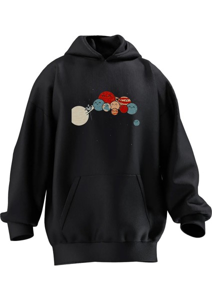 Unisex Premium Pamuk Siyah Sevimli Gezegenler Baskılı 3 Iplik Kapüşonlu Sweatshirt