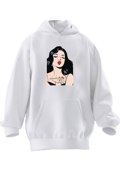 Unisex Premium Pamuk Beyaz Kırmızı Rujlu Kadın Baskılı 3 Iplik Kapüşonlu Sweatshirt