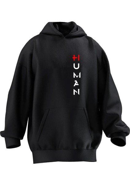 Unisex Premium Pamuk Siyah Human Yazı Baskılı 3 Iplik Kapüşonlu Sweatshirt