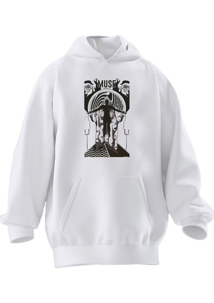 Unisex Premium Pamuk Beyaz Muse Desen Poster Baskılı 3 Iplik Kapüşonlu Sweatshirt