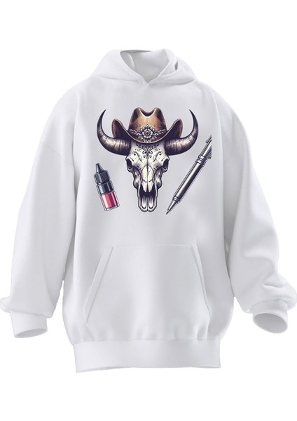 Unisex Premium Pamuk Beyaz Öküz Kafası Dolmakalem Baskılı 3 Iplik Kapüşonlu Sweatshirt