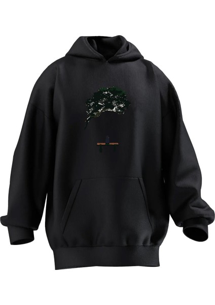 Unisex Premium Pamuk Siyah Çınar Altı Çocuk Baskılı 3 Iplik Kapüşonlu Sweatshirt