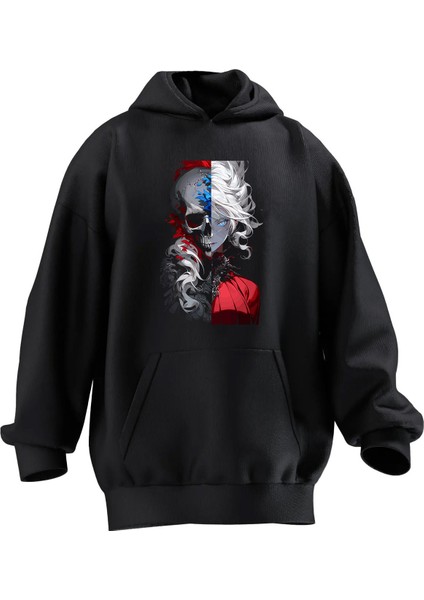 Unisex Premium Pamuk Siyah Kurukafa Anime Yarım Baskılı 3 Iplik Kapüşonlu Sweatshirt