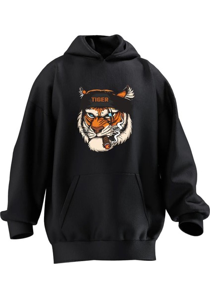 Unisex Premium Pamuk Siyah Bandanalı Tiger Baskılı 3 Iplik Kapüşonlu Sweatshirt